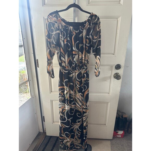 Nine West Tropical Floral Leaves Side Front Slit On Off Shoulder Maxi Dress 14 - Picture 2 of 6